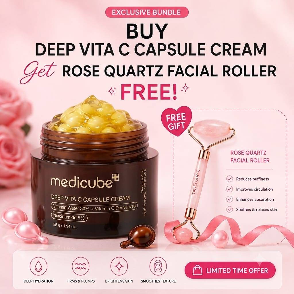 Medicube Deep Vita C Capsule Cream + FREE Rose Quartz Facial Roller
Brighten, firm, and hydrate your skin with vitamin-packed capsules featuring 50% Vitamin Water, Vitamin C Derivatives, and 5% Niacinamide. Deeply hydrating, plumping, and smoothing — for a radiant, even-toned glow.
Bundle bonus: Get a FREE Rose Quartz Facial Roller to reduce puffiness, boost circulation, and enhance absorption.